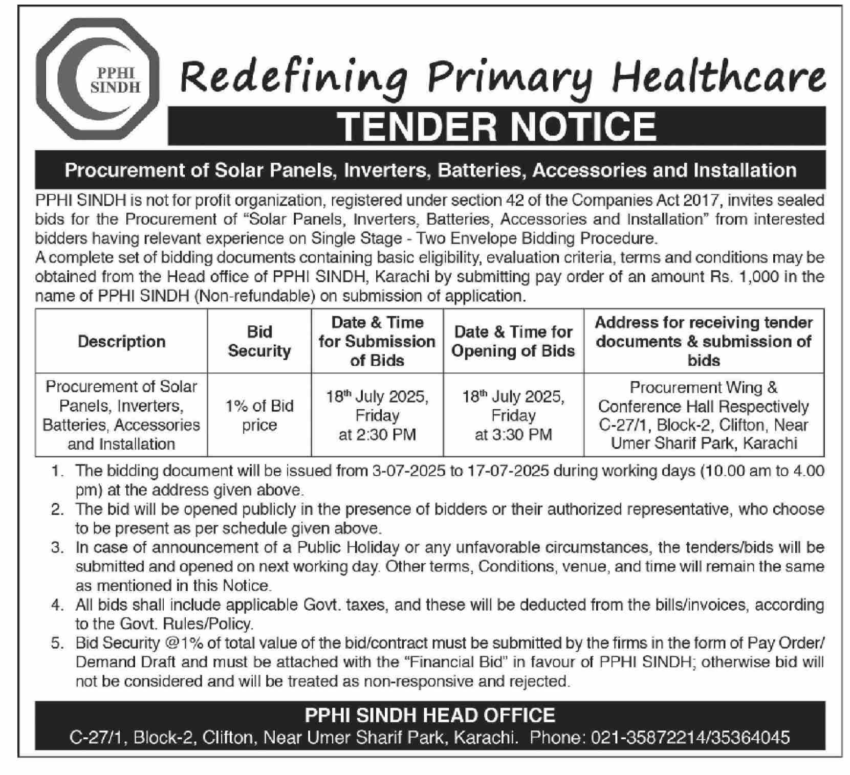 Redefining Primary Healthcare Karachi Tender Notice